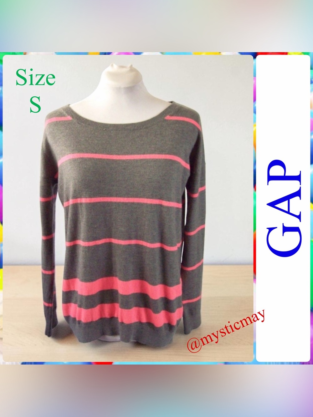 Vintage GAP Oversize Coral Striped Gray Wool Blend Lightweight Sweater Size S